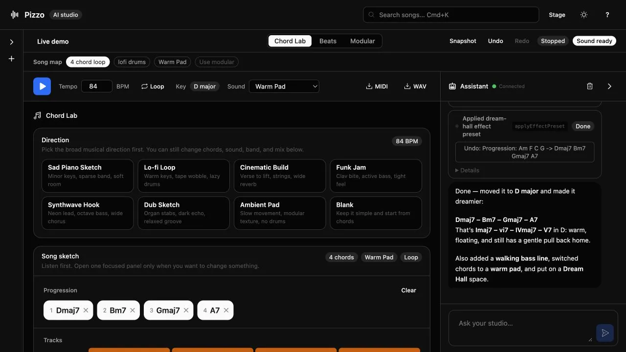 Pizzo showing a song being edited through direct controls and an agent