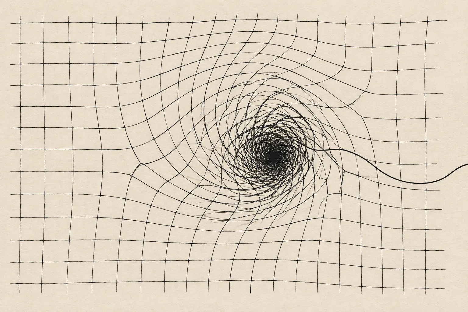 A hand-drawn grid spiraling into a dense knot, with one loose line escaping to the edge.
